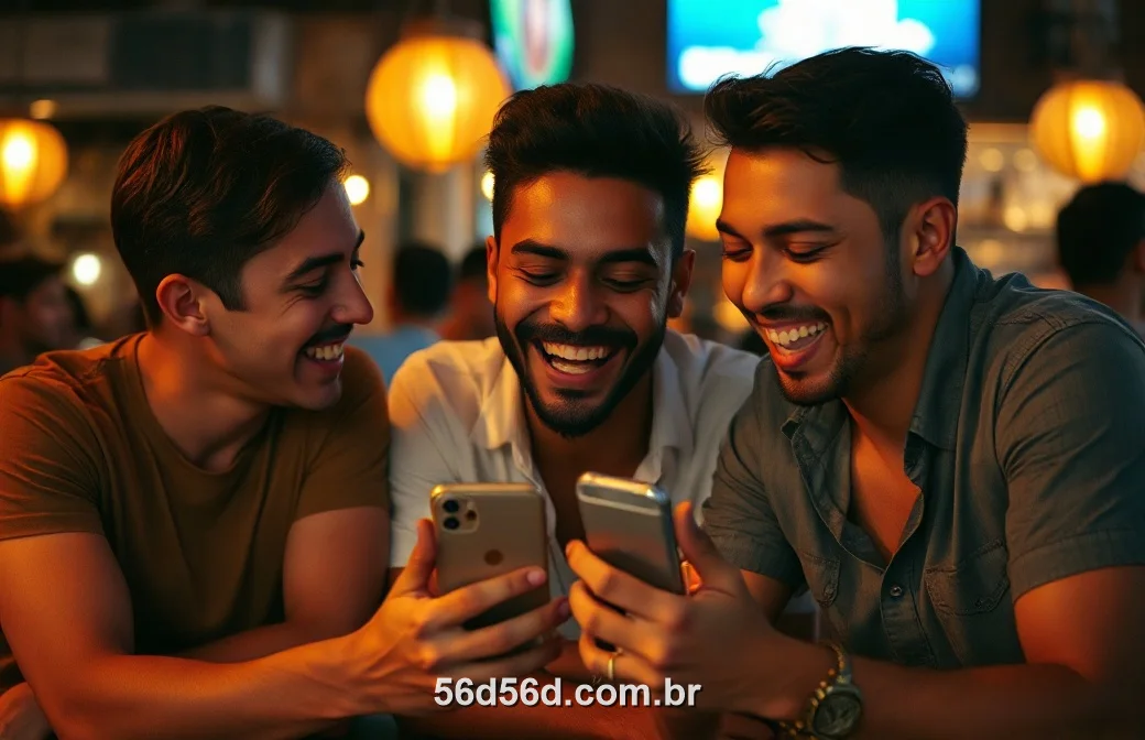 Amigos brasileiros usando o 56D juntos num bar à noite