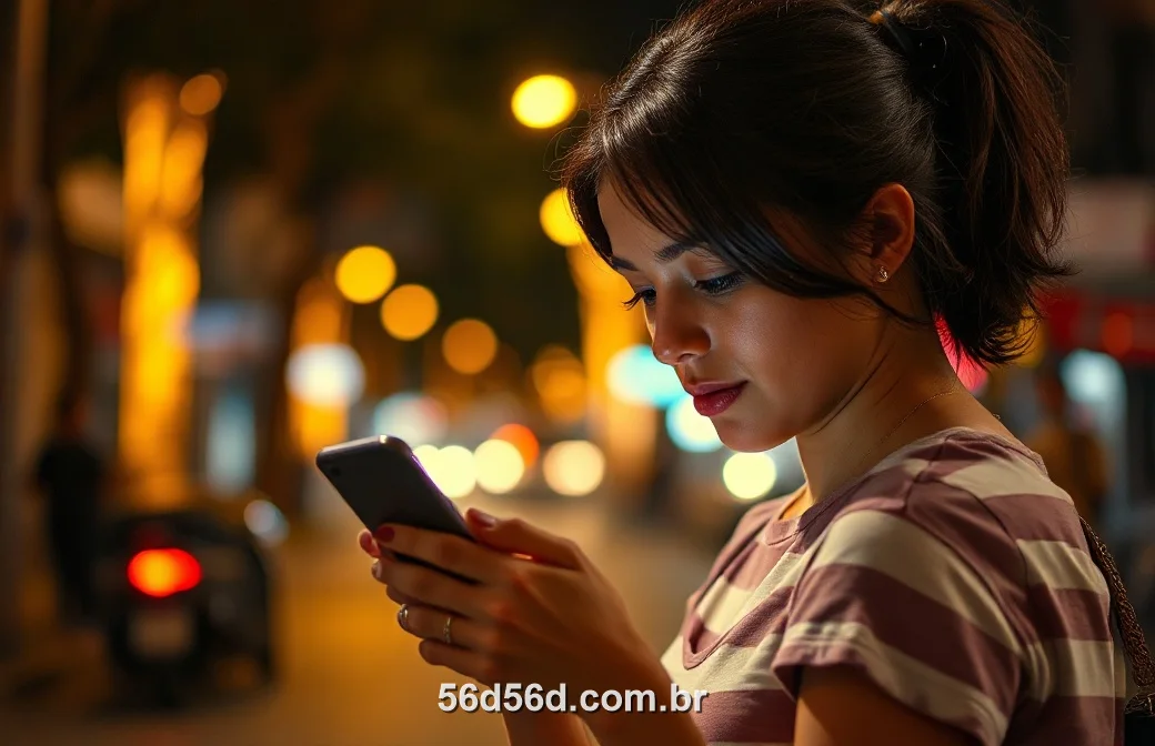 Jogadora acessando o cassino do 56D pelo celular à noite na cidade