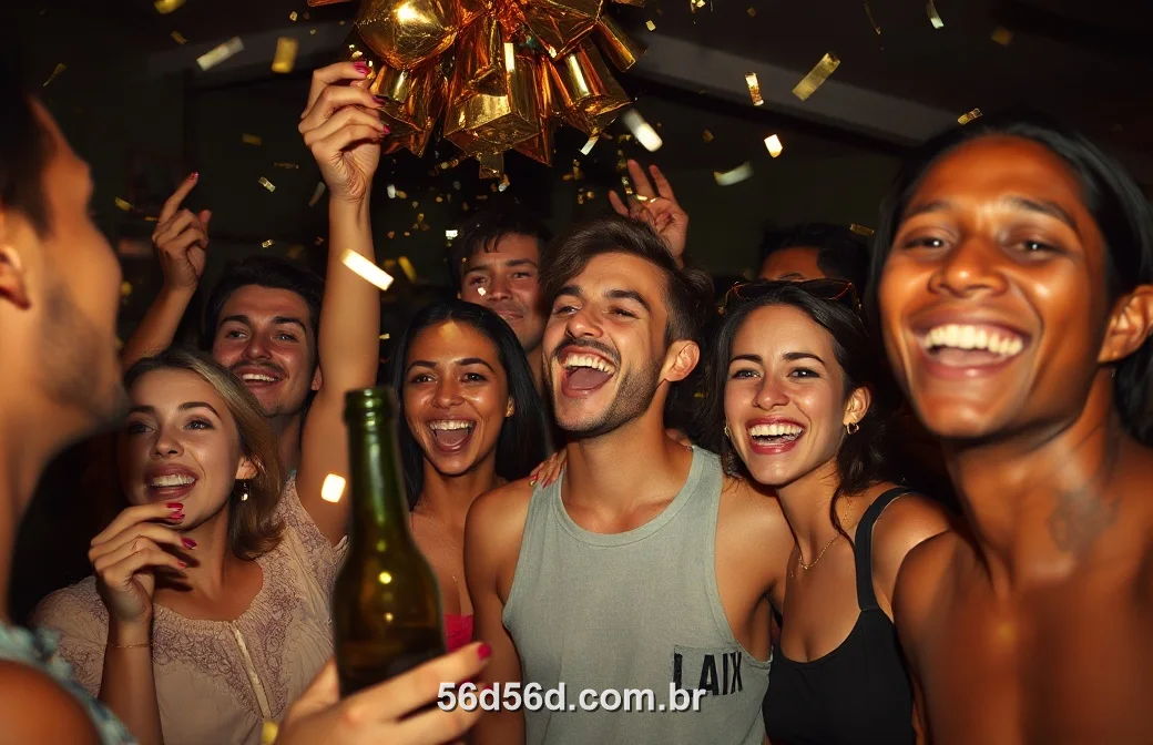 Brasileiros comemorando juntos numa festa à noite com o 56D
