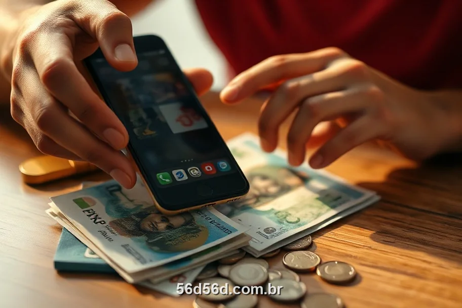 Saque por PIX no app 56D com cédulas de real sobre a mesa