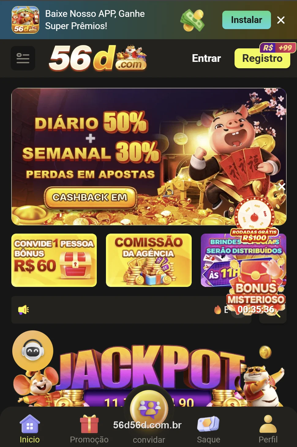 Tela inicial do app oficial 56D com o cashback e os caça-níqueis