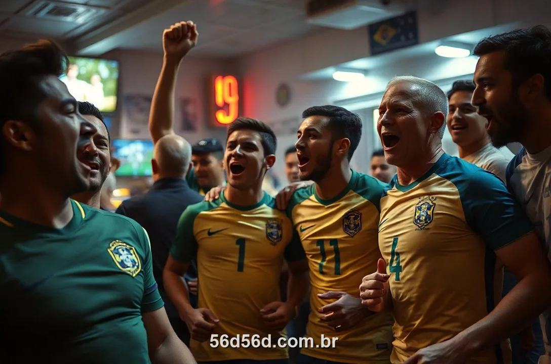 Torcedores brasileiros comemorando um gol juntos em um bar